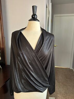 Ariella Metallic Black Draped Wrap Blouse